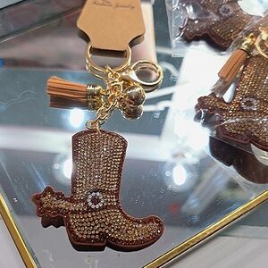 Set of 2 Western Rhinestone Cowboy Boot Keychains with Tassel